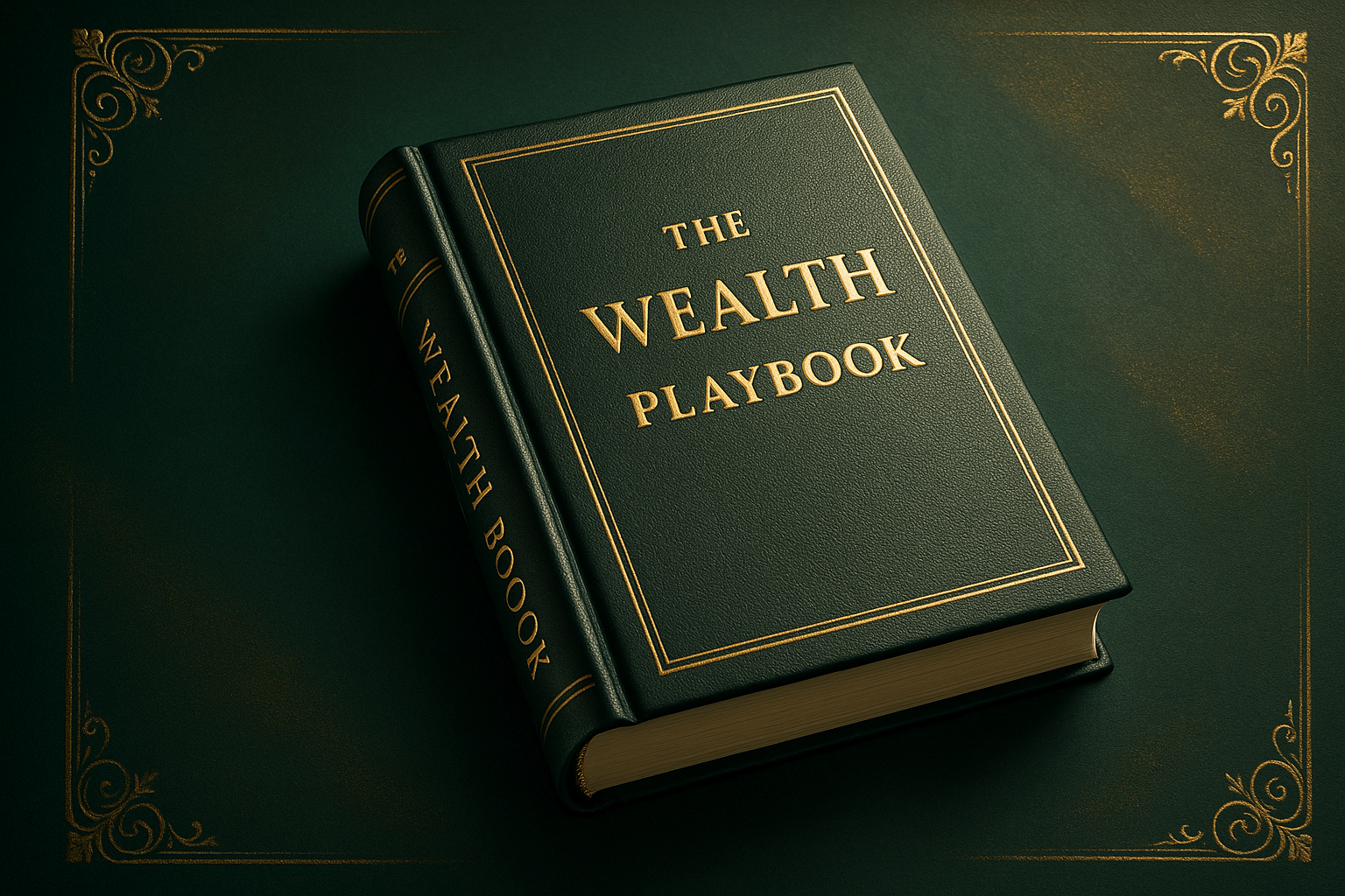 generate an image of The Wealth Playbook as a book with emerald green and gold background